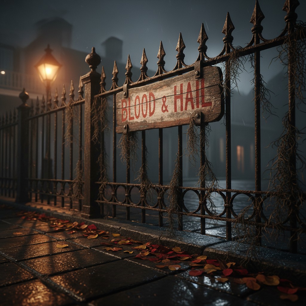 An old metal fence with a weathered wooden sign featuring red paint, reading 'Blood and Hail', set amidst a foggy evening ...