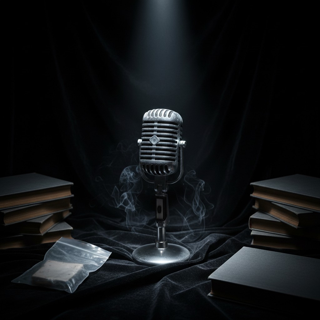 **alt text:** An artistic studio setup with a microphone and books at night.