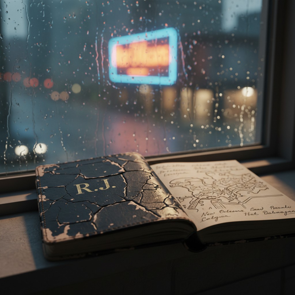 The page has a city map and doesn't seem to be touching, while the other page has a cracked leather "RJ" notebook sitting ...