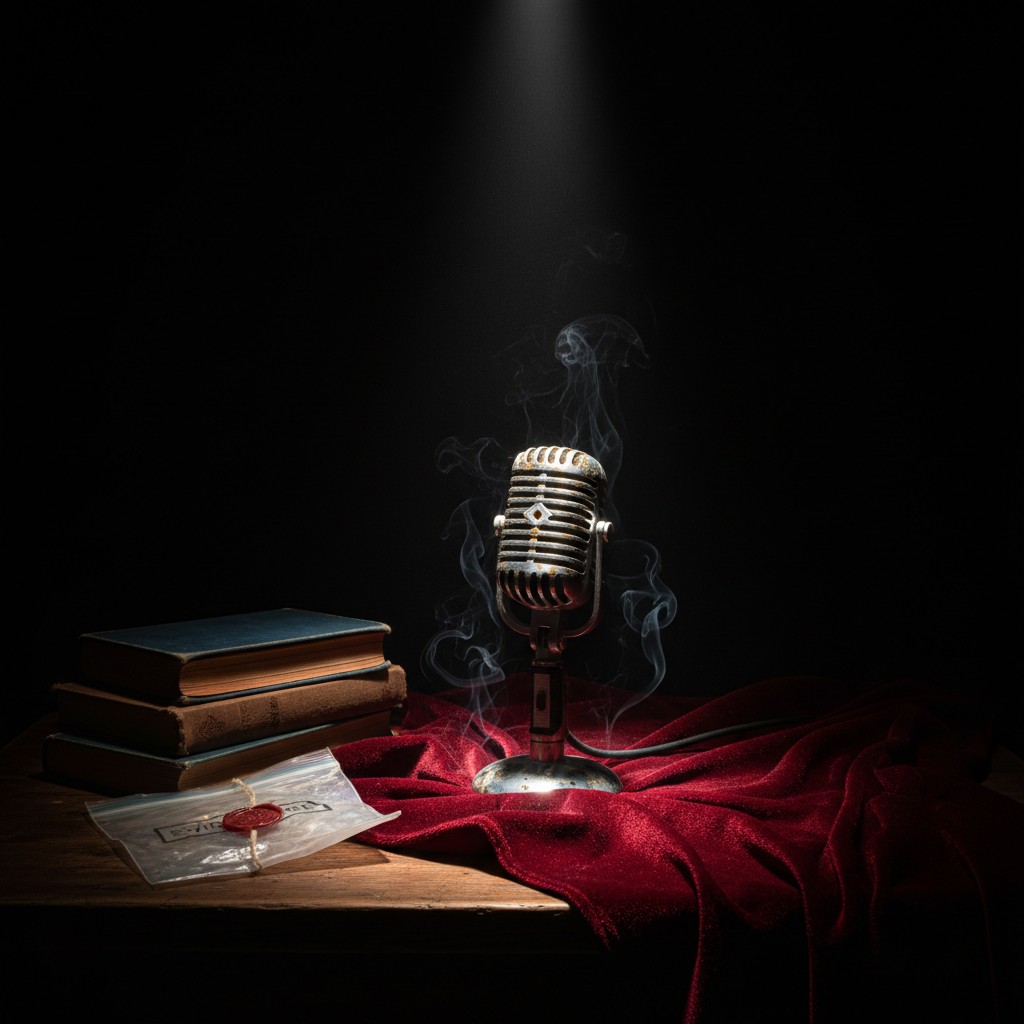"Antique microphone on the table, with books and wax, on a red velvet cloth, with a spotlight shining on it."